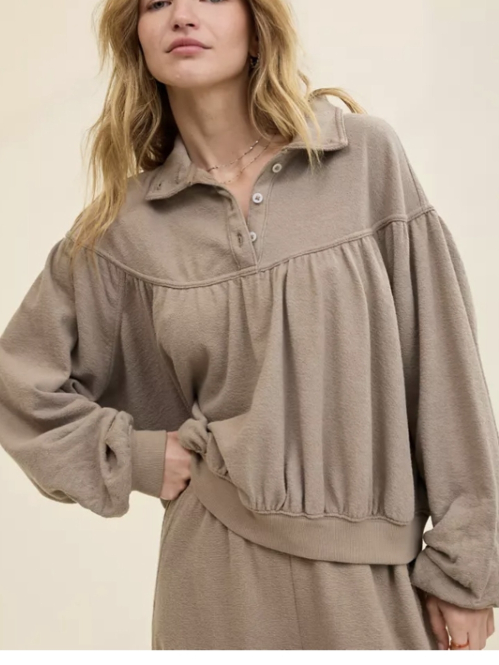 aerie Taupe Button-Front Pullover Sweatshirt